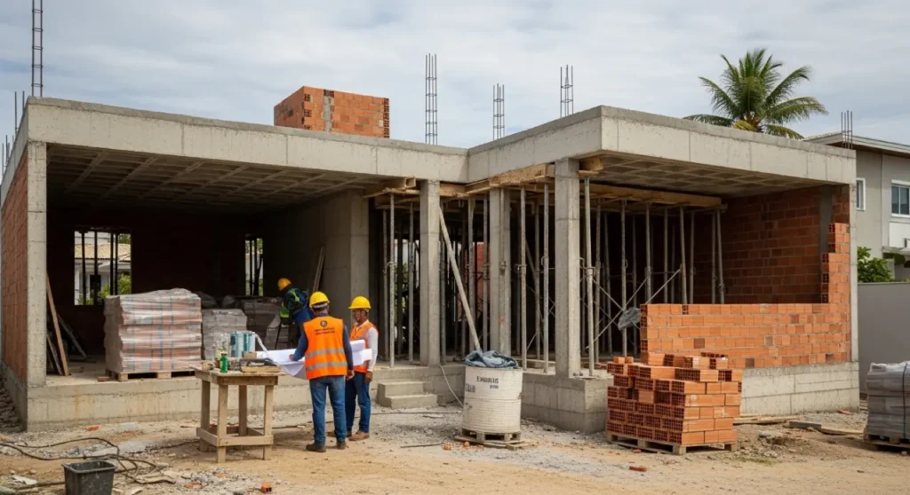 Obra residencial em Florianópolis com materiais organizados e capacete de segurança para planejamento de construção