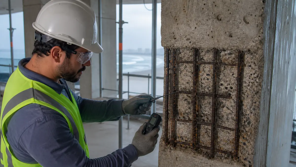 Engenheiro inspecionando estrutura de concreto armado exposta à maresia